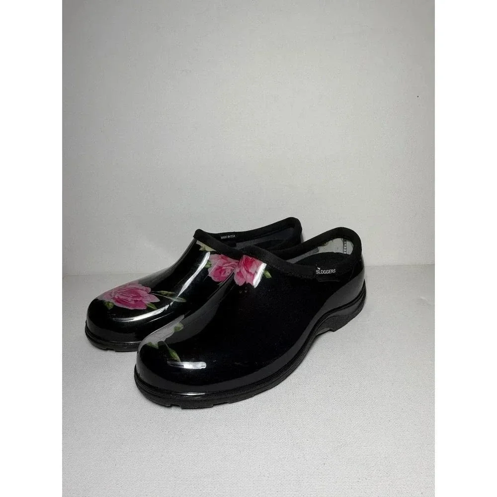 Sloggers Rain and Garden Black Clogs W Bright Pink and White Florals Sz 7 NWOT